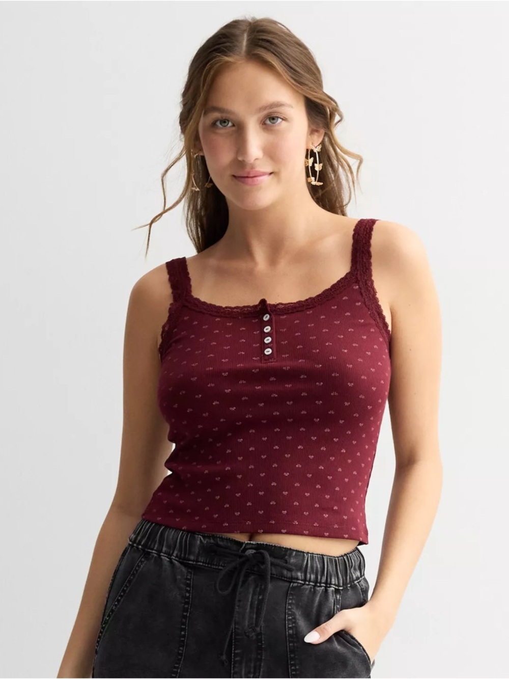 SO Lace Trim Henley Ribbed Tank Top Cami - Picture 2 of 8